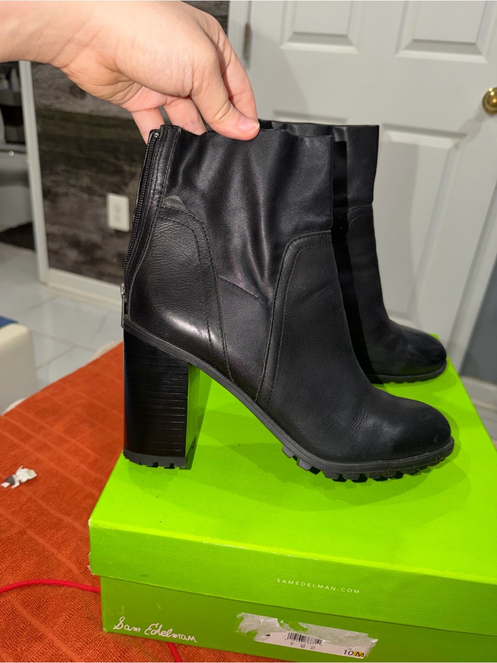 Sam Edelman Black Leather Block-Heel Ankle Boots - with box